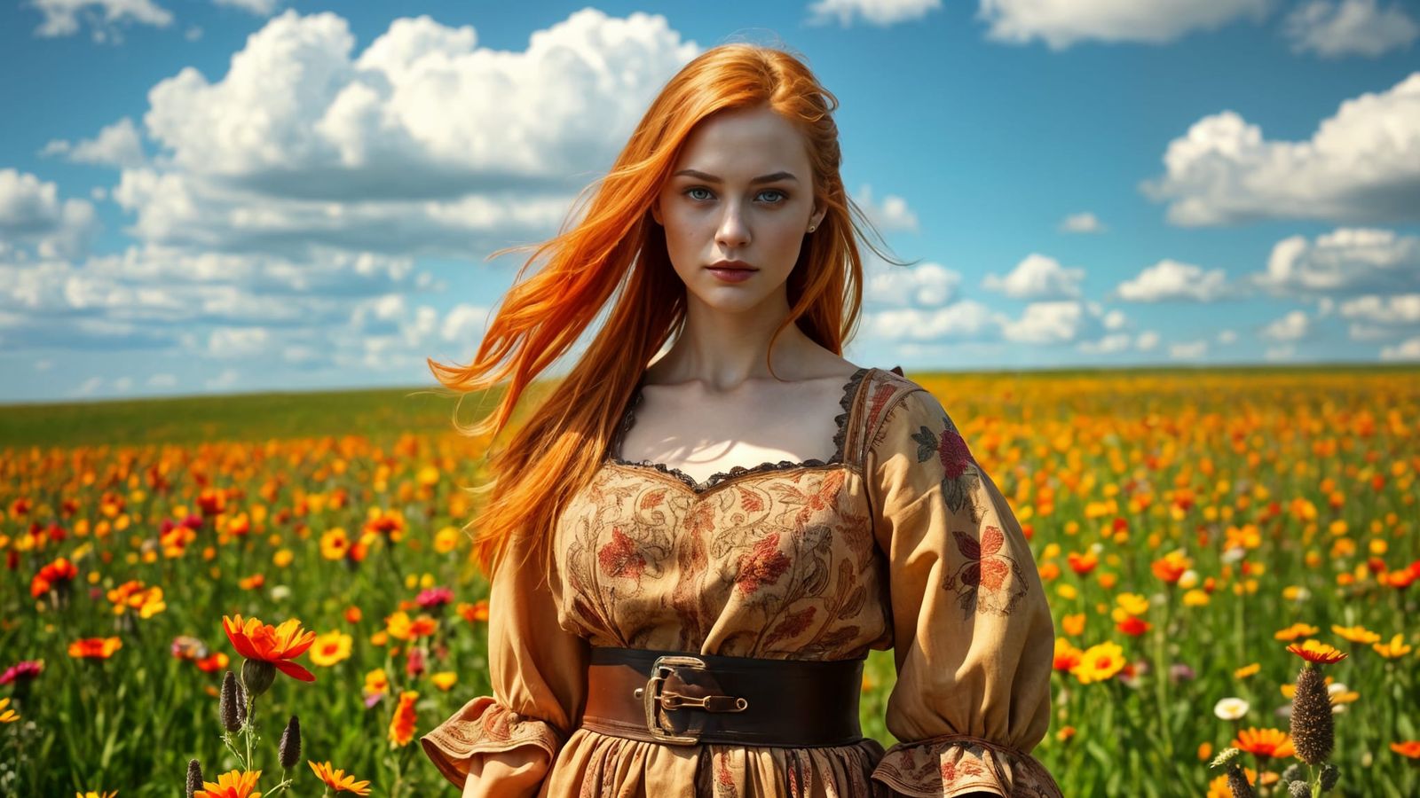 Celtic Woman in Flower Field Under Azure Sky