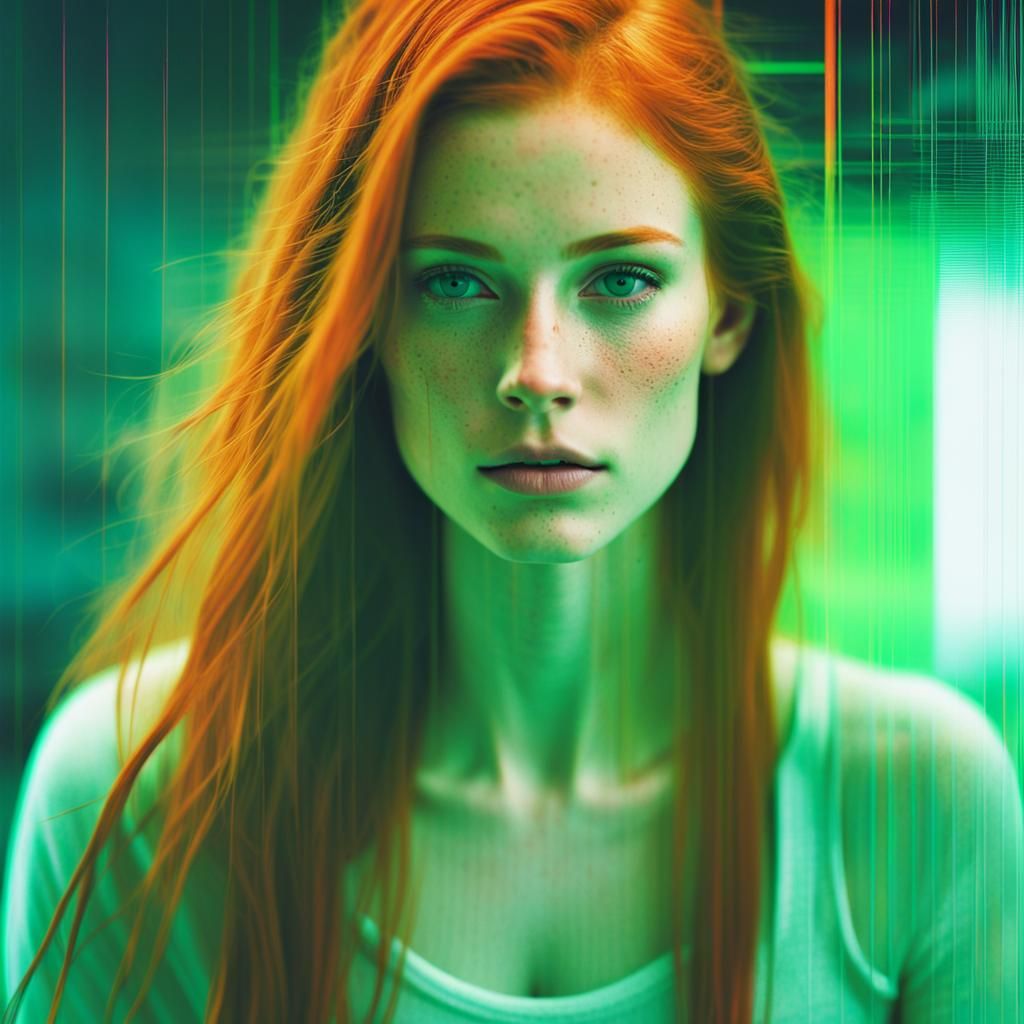 Redhead Woman with Glitch Effect in Cyberpunk Style