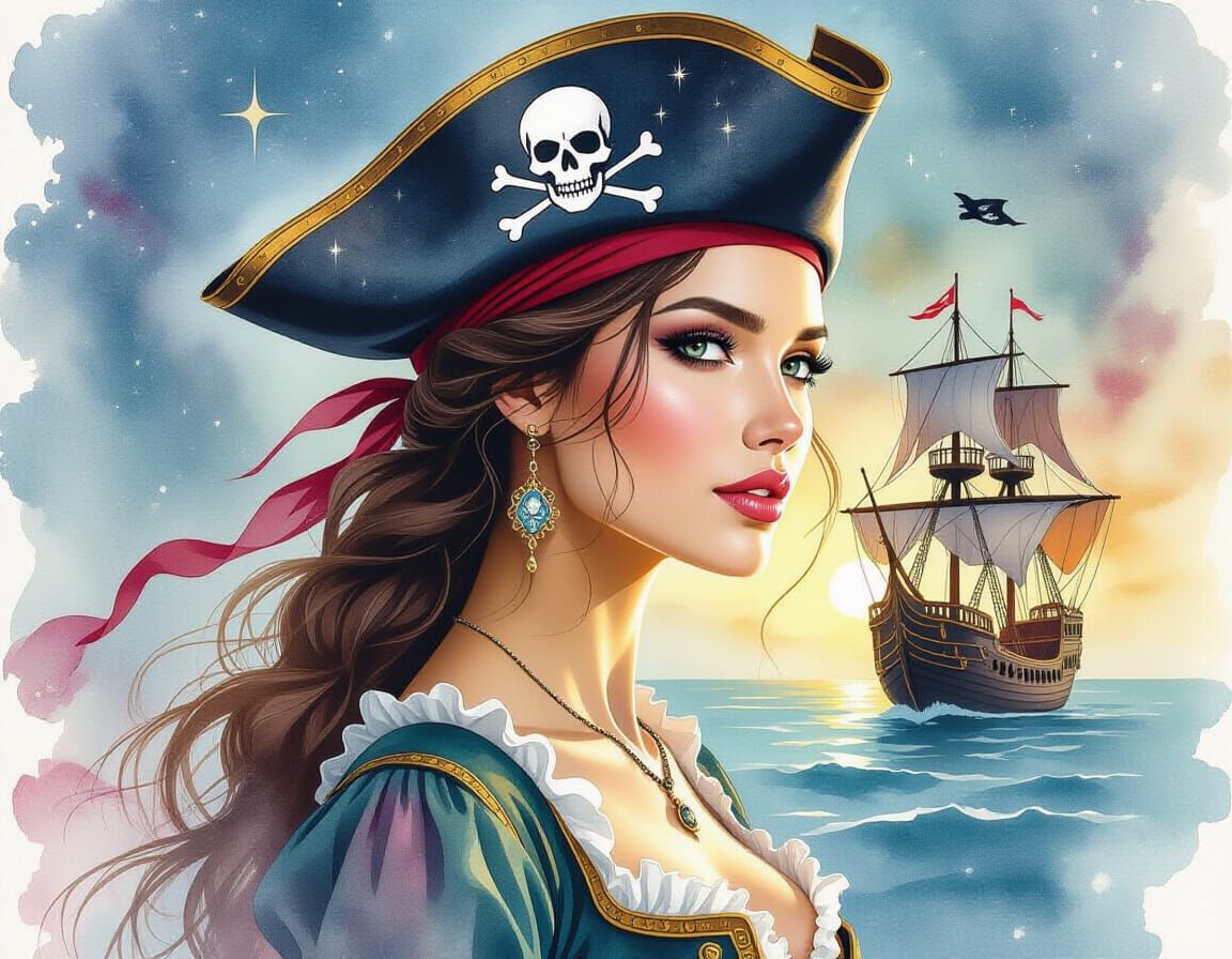 Pirate Ship Hair: Watercolor Portrait of Woman