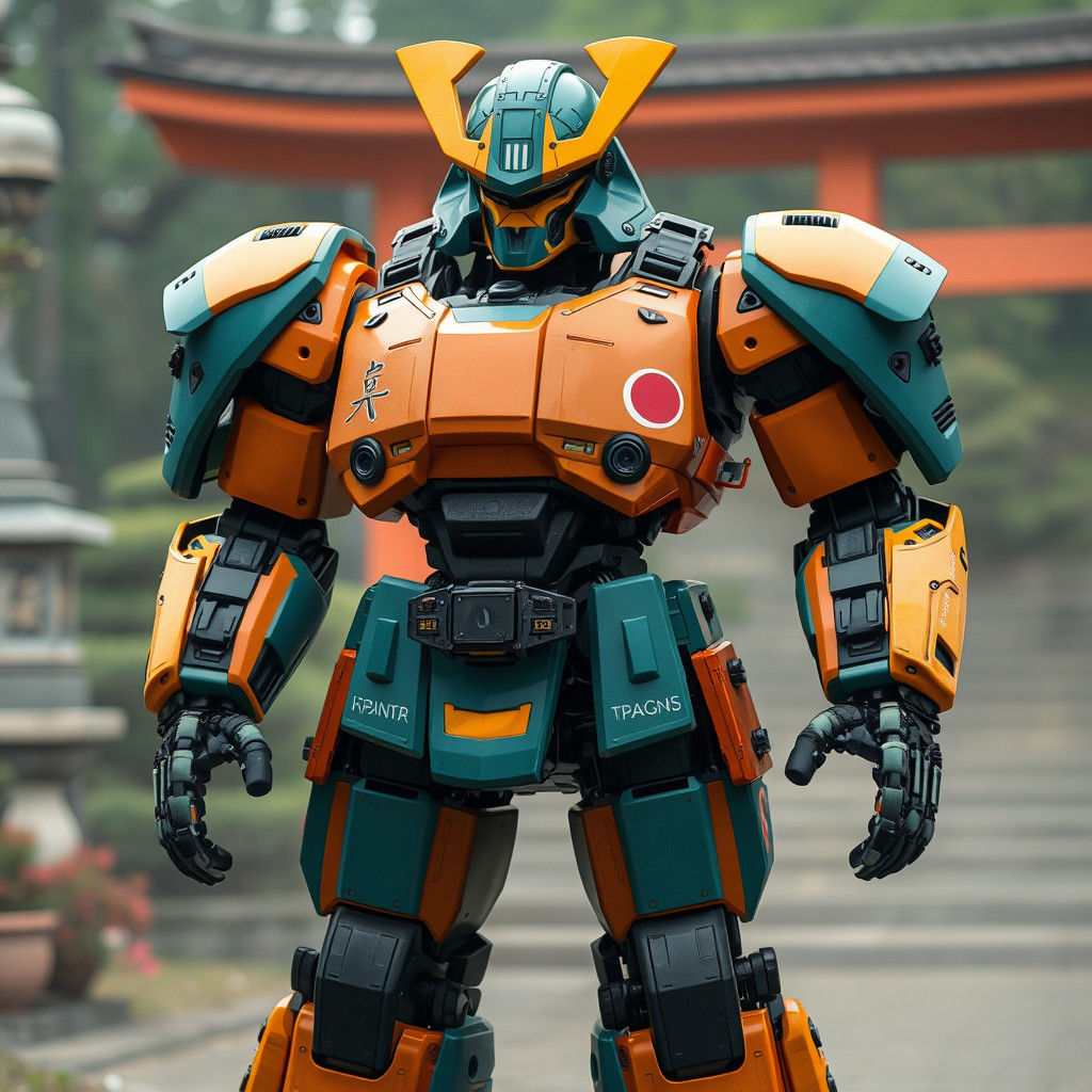 Futuristic Samurai Robot General in Japanese Garden