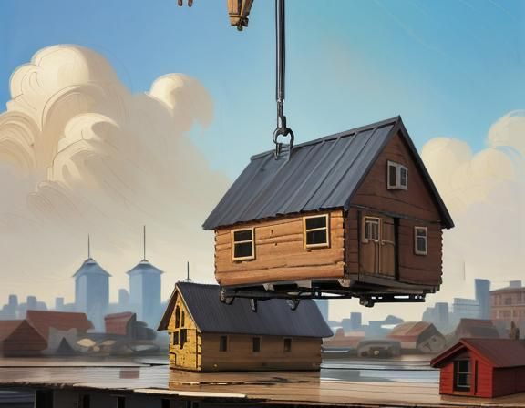 House Lifted by Crane: Impasto Oil Painting