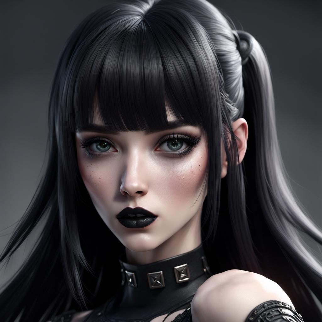 E-girl, fully body, black hair, bangs hairstyle, pale skin