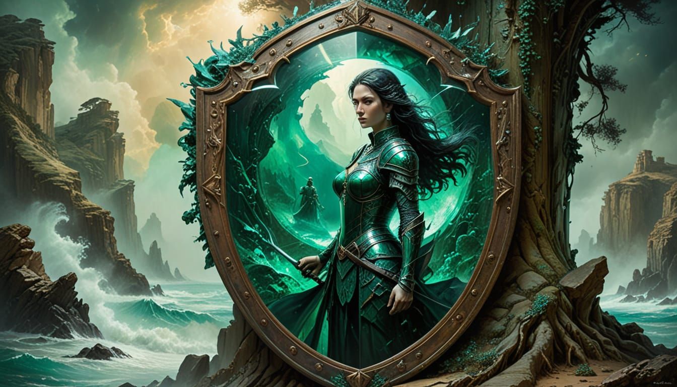 Surreal Fantasy Shield in Vibrant Watercolor Style