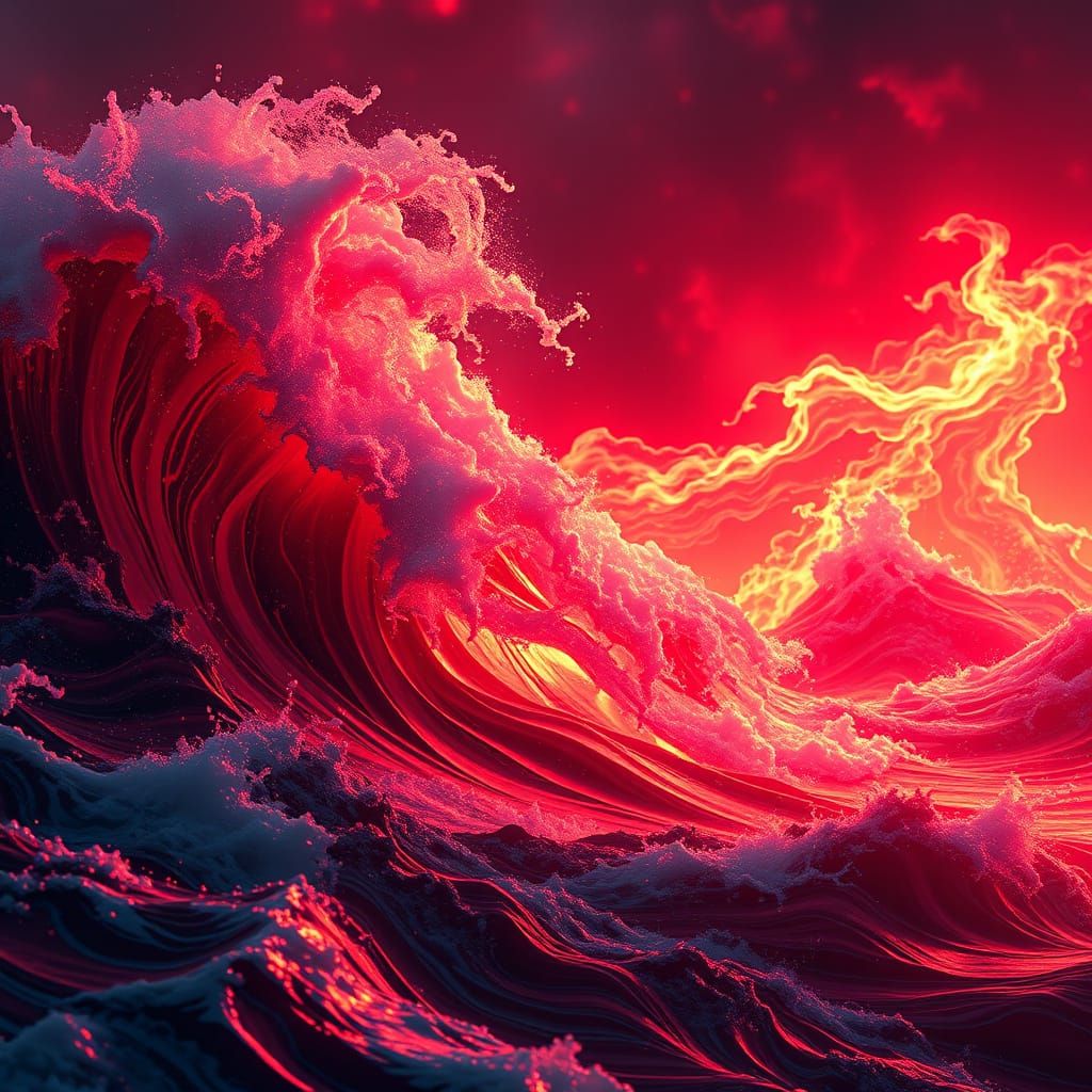 Fiery Red Ocean Waves in Hyperrealistic Style