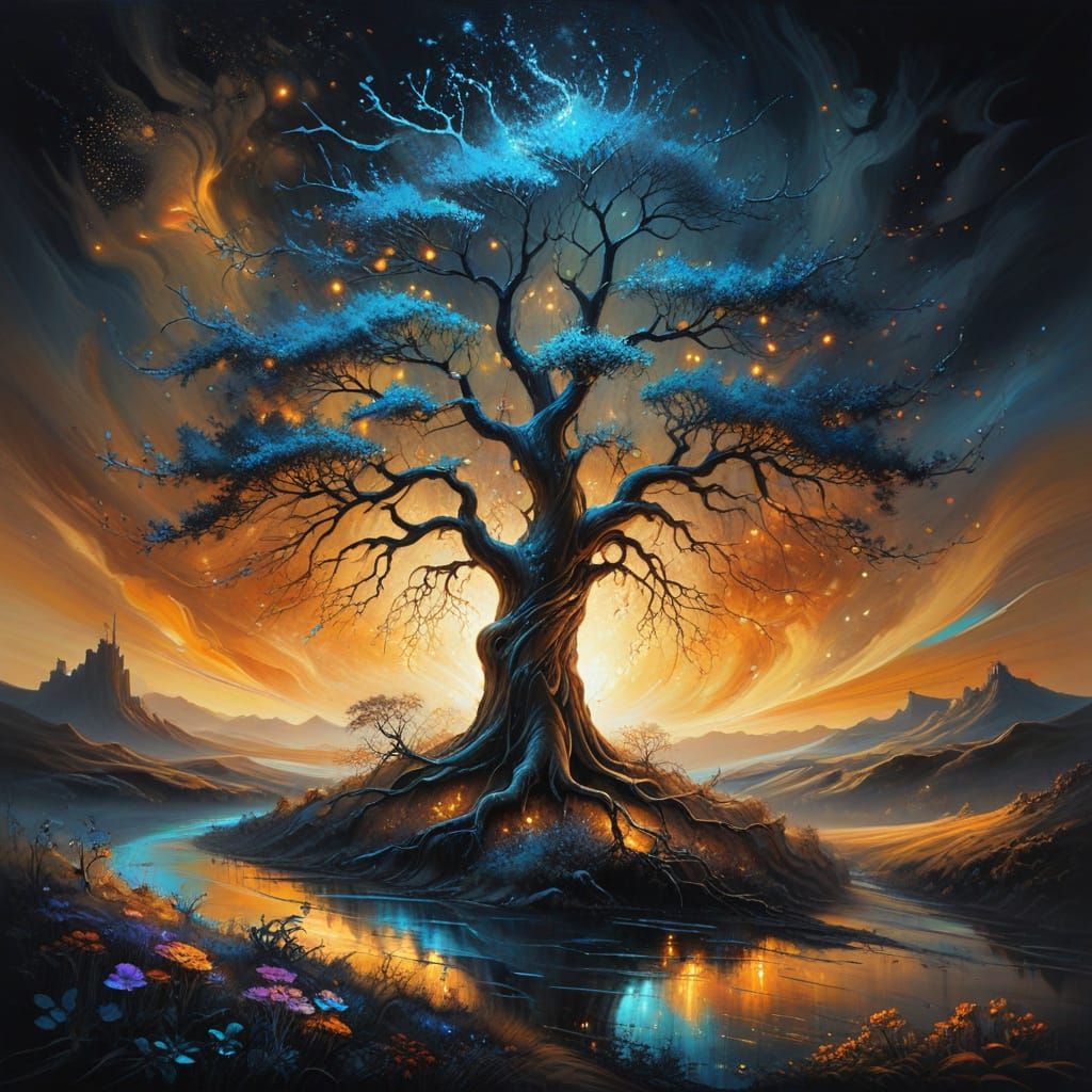 Ethereal Tree in Surreal Charcoal Drawing