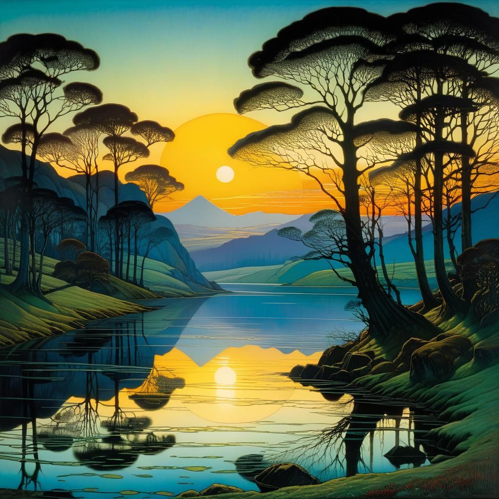 Reflective Sunset Landscape in Golden Age Style