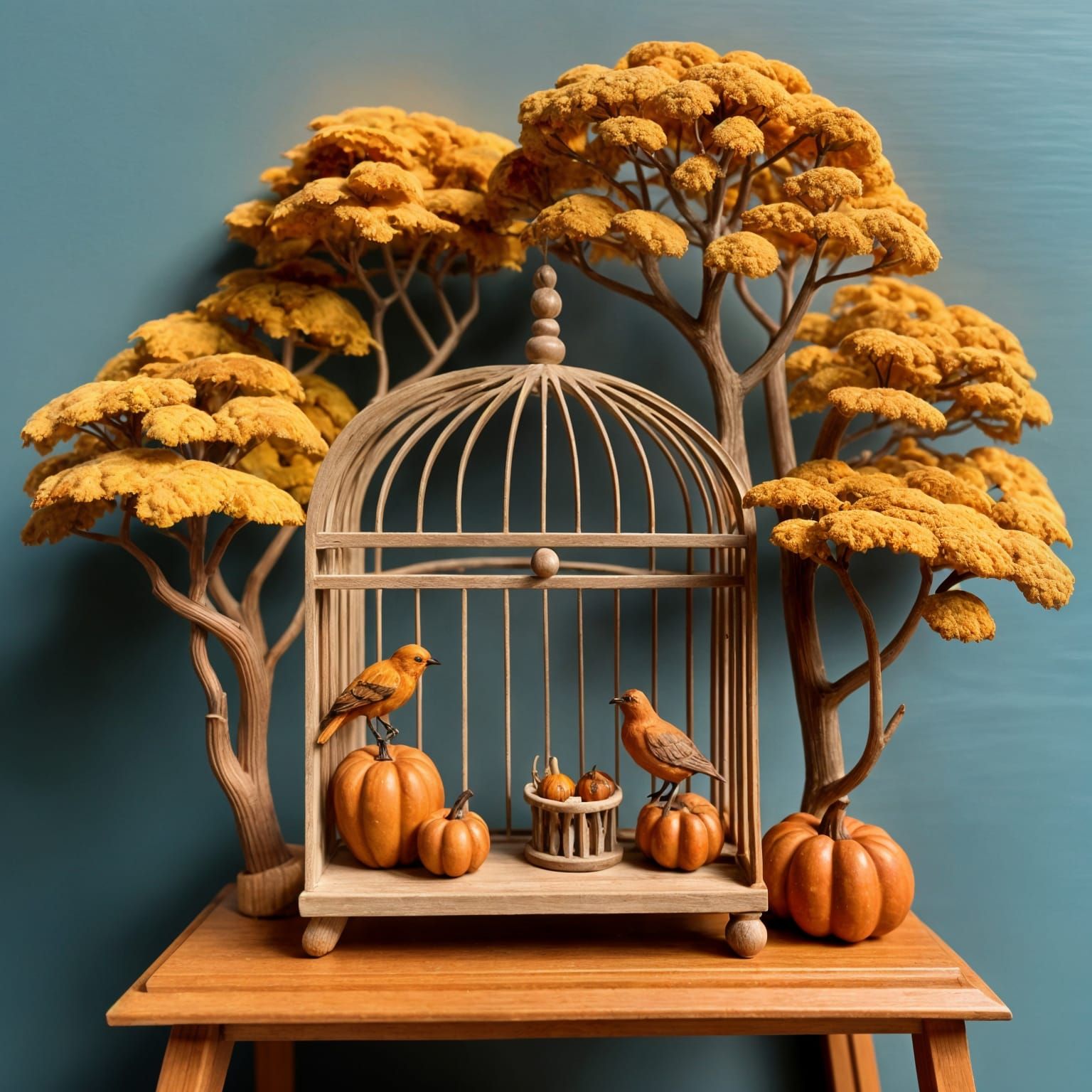 Miniature Autumn Scene in Birdcage Wood Carving