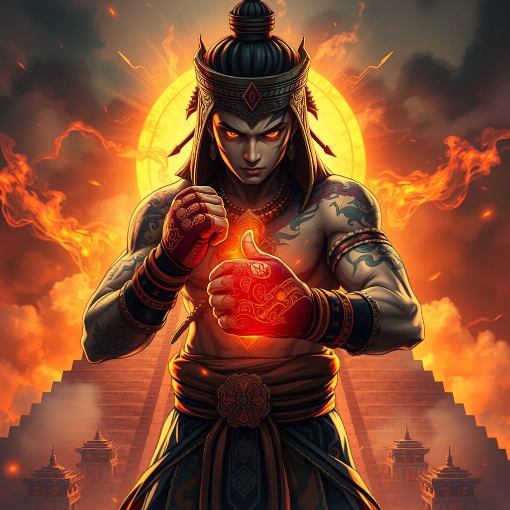 Cyberpunk Muay Thai Warrior on Ancient Ziggurat