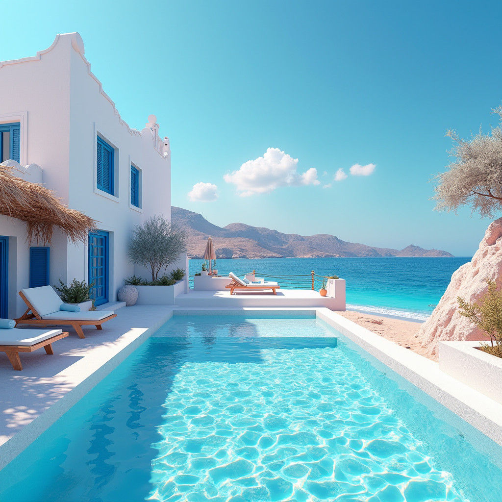 Whimsical Greek Beach House in Matte Painting Style