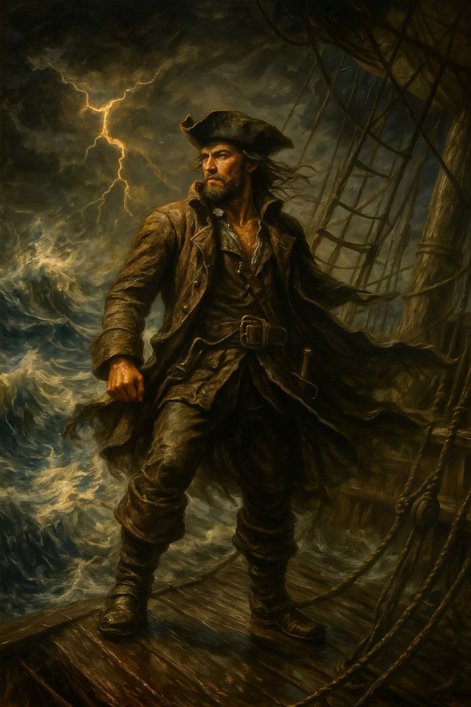 Heroic Pirate Captain in Storm, Digital Oil Painting