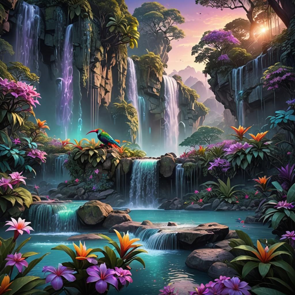 Thailand Waterfall Sunrise with Holographic Details