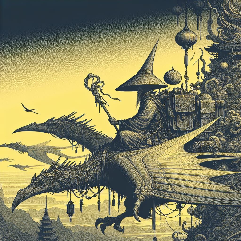 Asian Wizard Rides Pterodactyl in Dark Fantasy Art