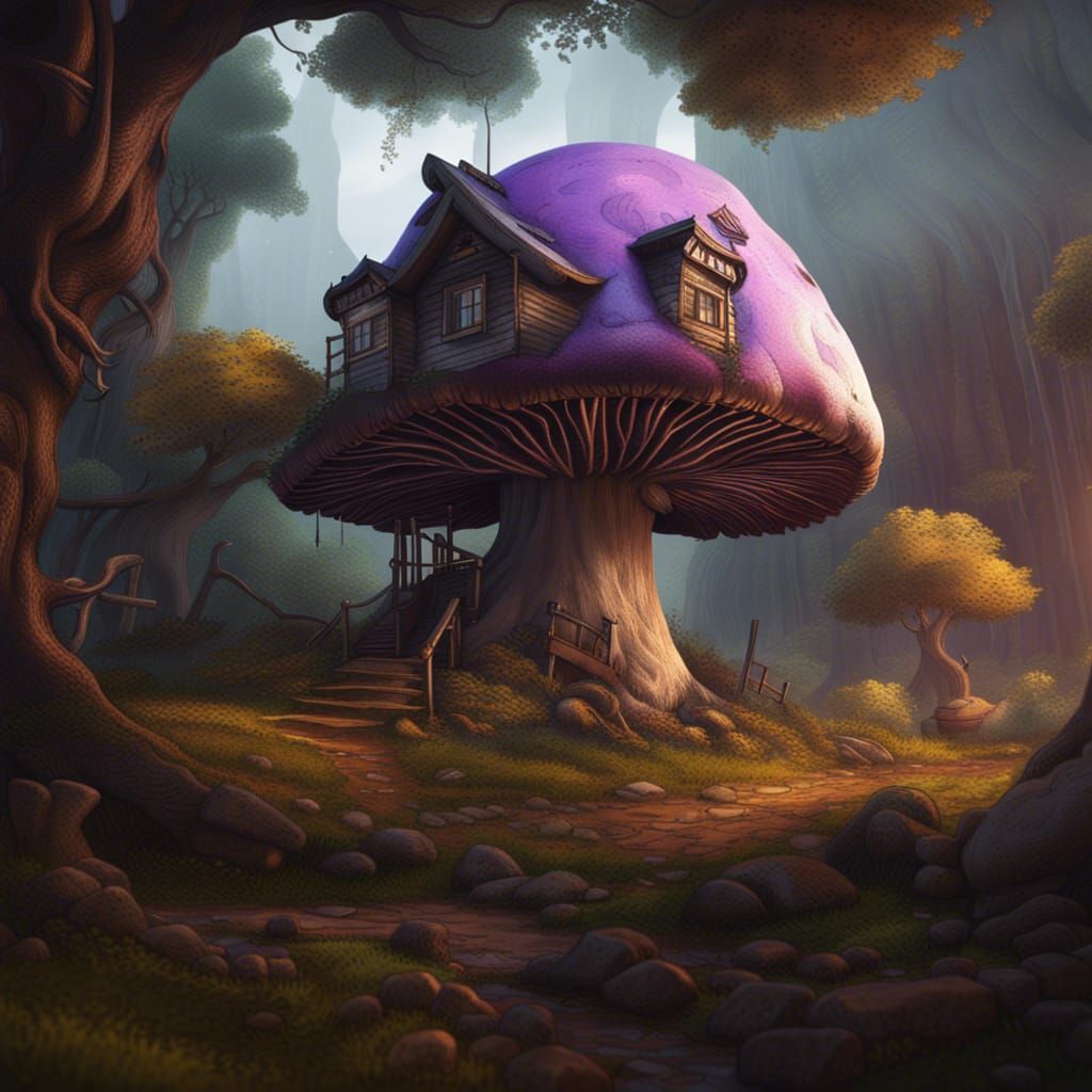 Mushroom House with Lilac Tree in Solarpunk Style