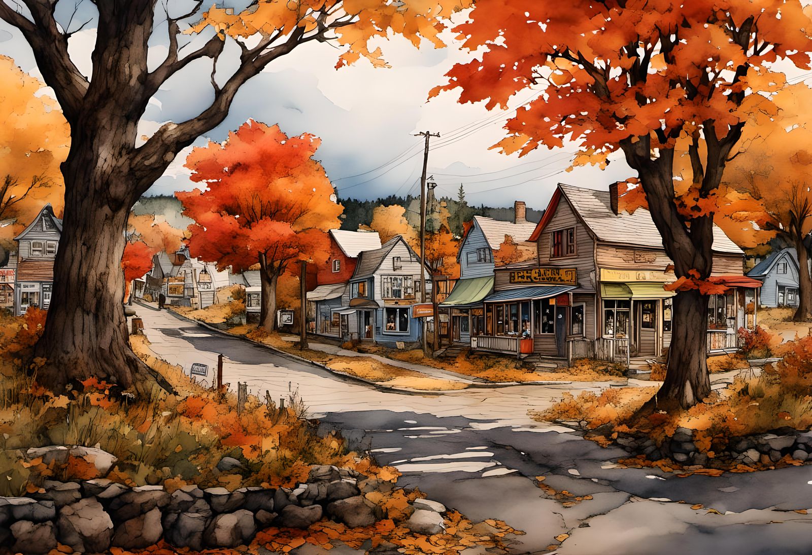 <lora:Autumn Winter:1.0> fantasy small town main street, intricate details, HDR, beautifully shot, hyperrealistic, sharp...