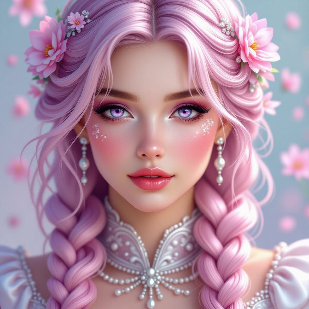 Woman with Flowing Braids in Art Nouveau Style