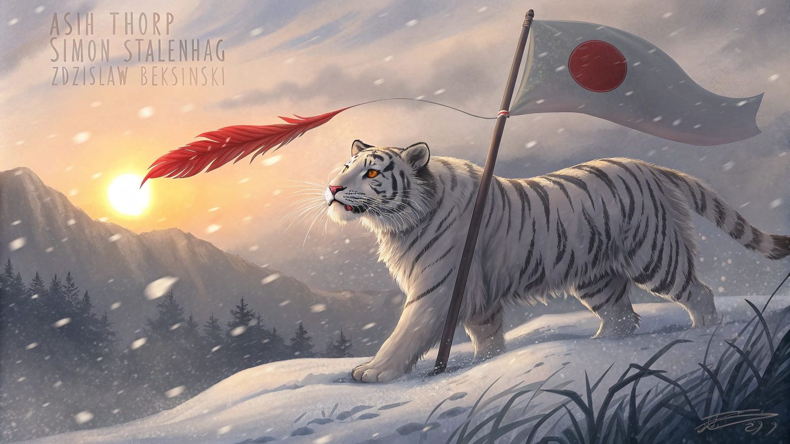 White Tiger in Snowstorm with Japanese Flag