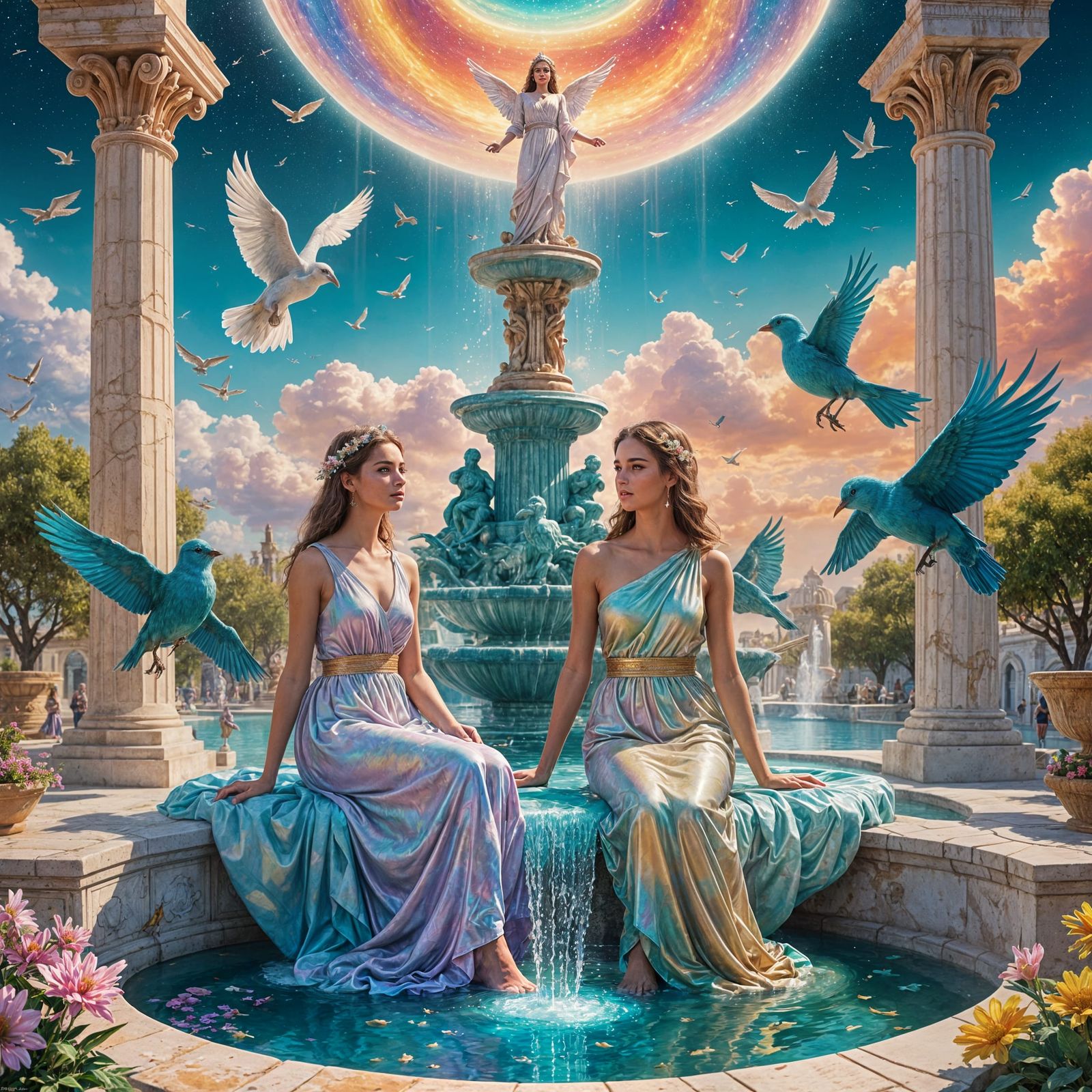 Heavenly Cloudscape with Greek Goddesses in Pastel Hues