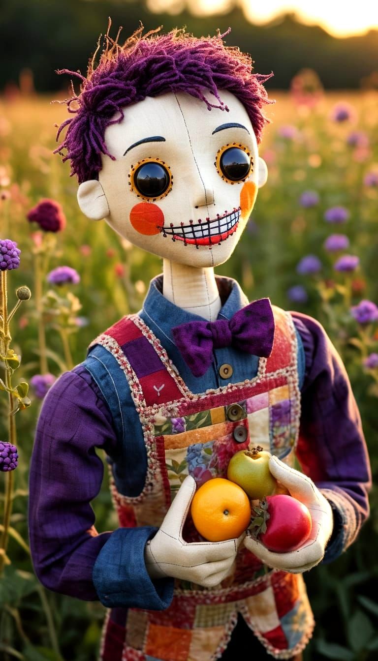 Patchwork Doll Enjoys Blackberry in Golden Light