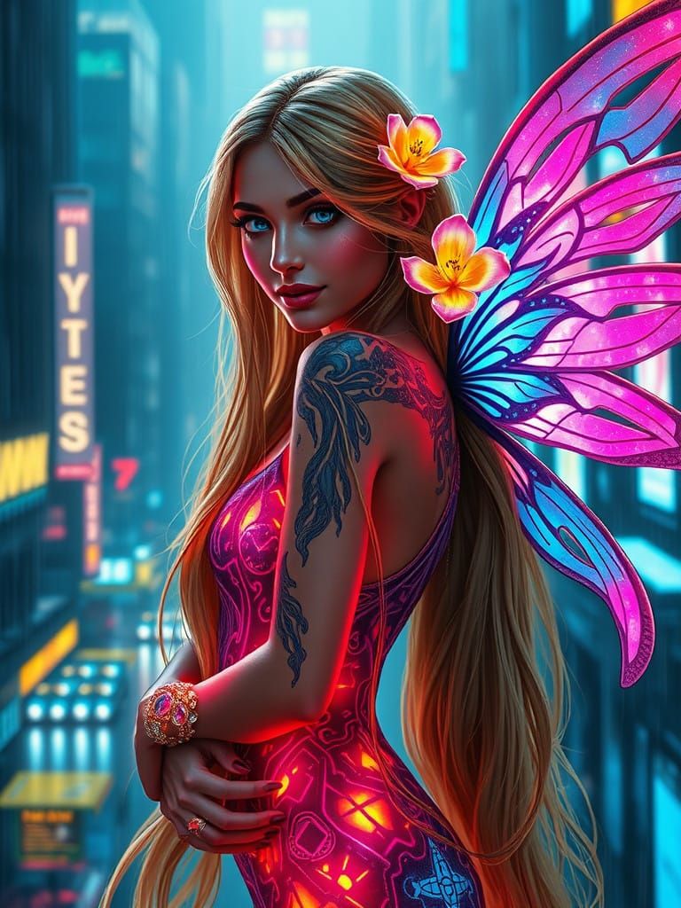 Mystical Cyberpunk Fairy in Iridescent Wings