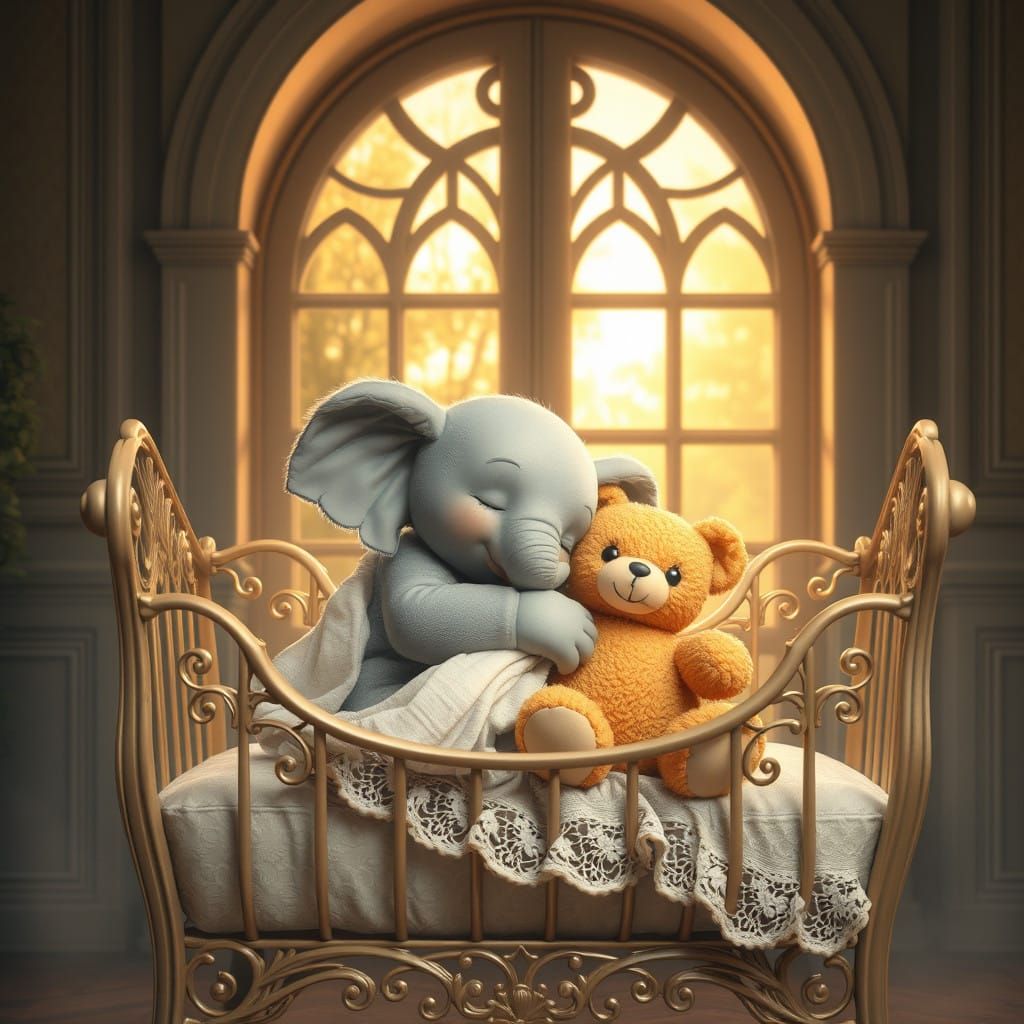 Serenely Sleeping Baby Elephant in Antique Crib