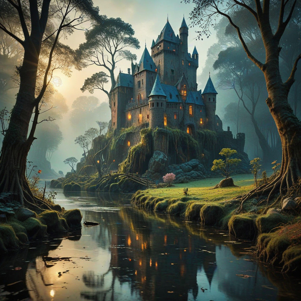 Whimsical Castle Ruin Emerges from Morning Mist