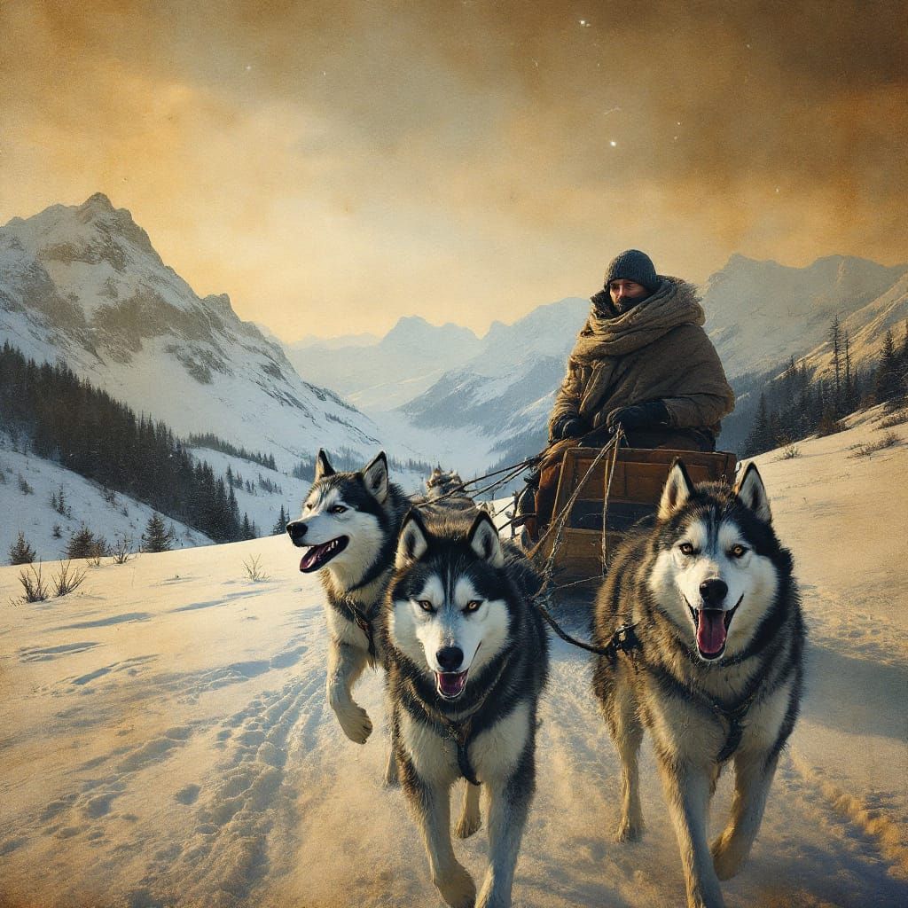 Surreal Sled Dog Team in Snowy Mountains