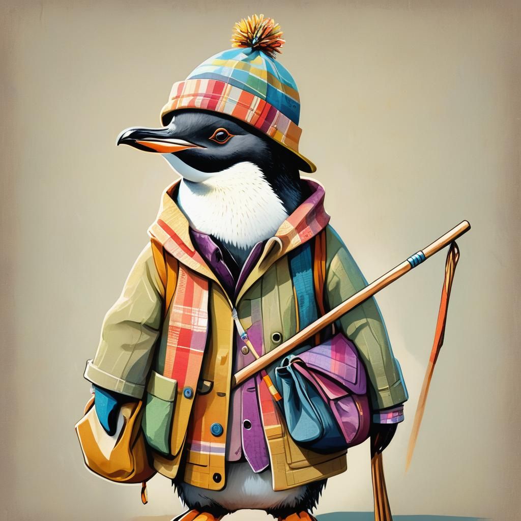 Charming Penguin Hobo in Storybook Illustration Style