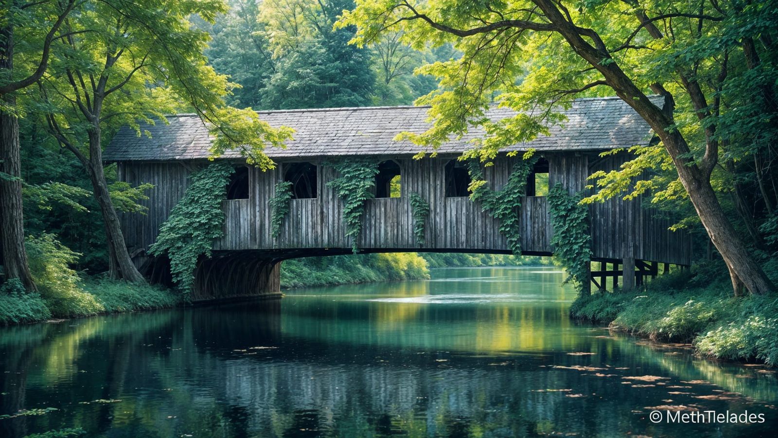 Romantic Covered Bridge in a Lush Forest