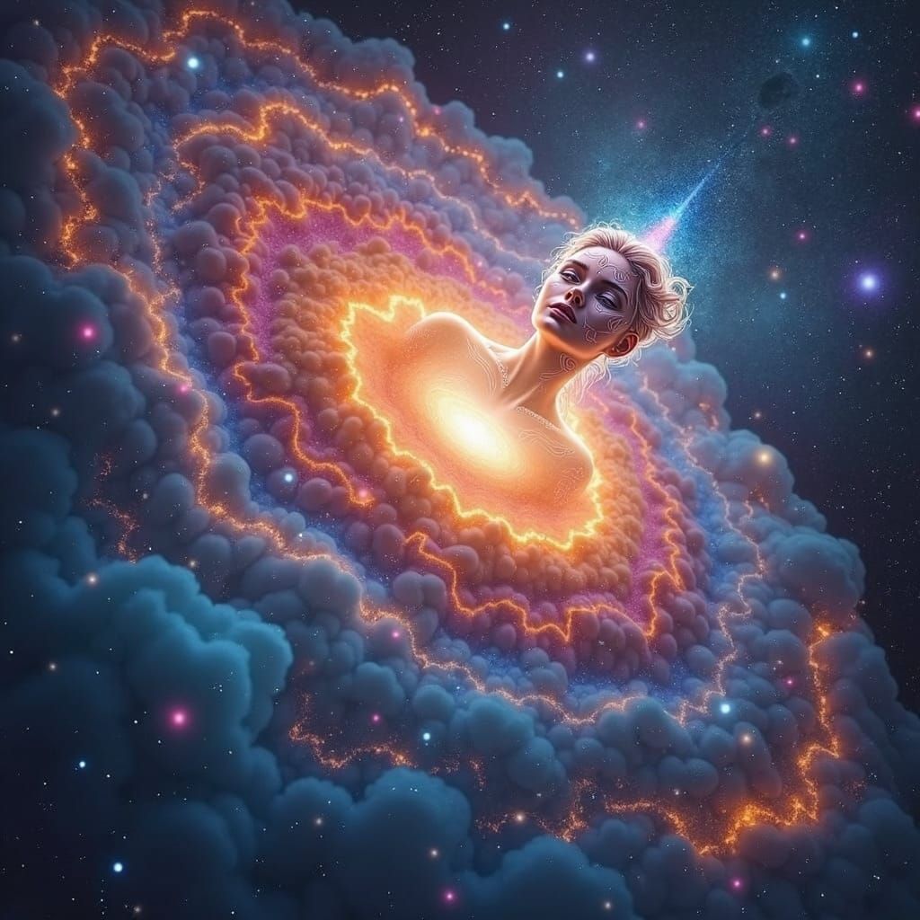 Ethereal Woman in Cosmic Holographic Illustration