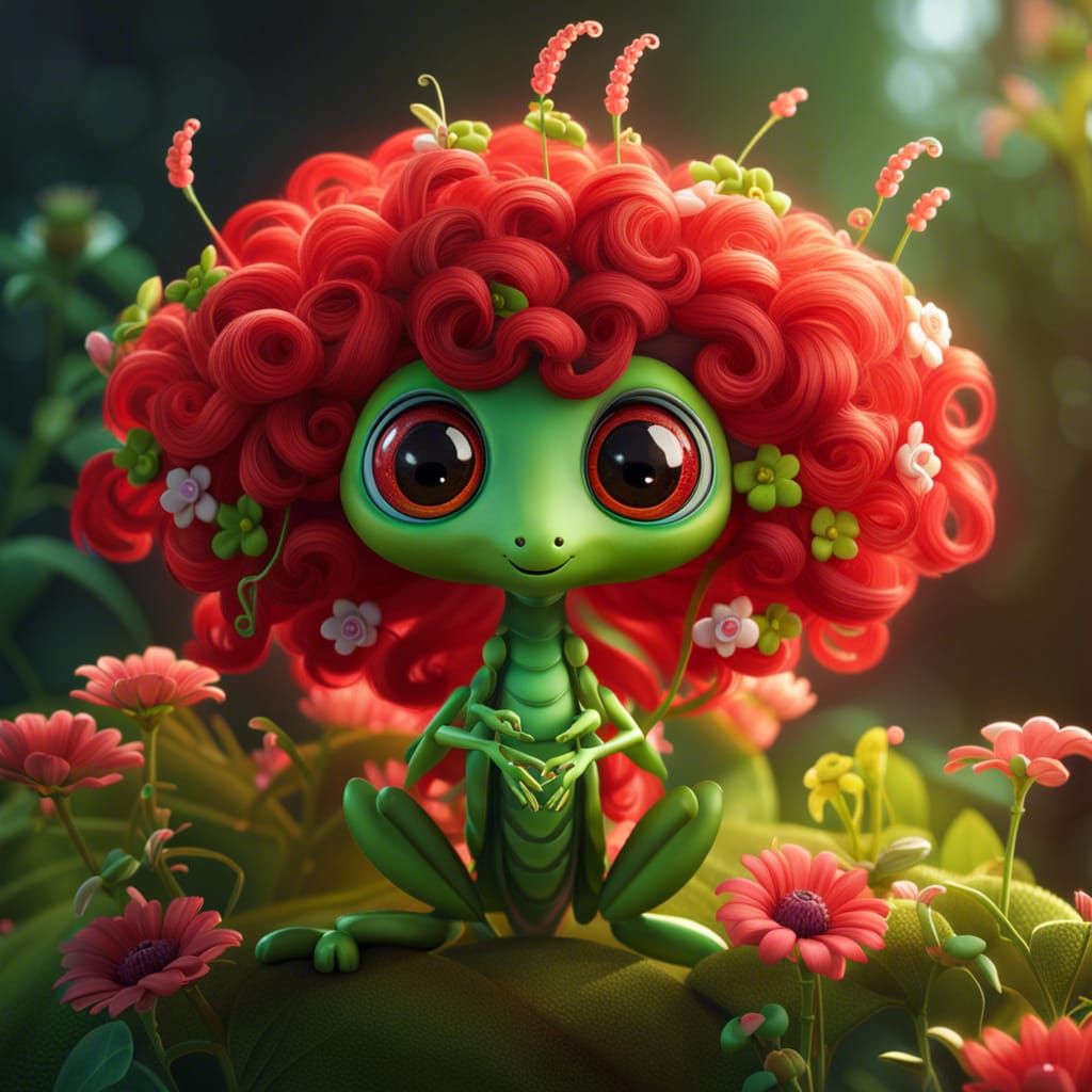 Floral Praying Mantis with Red Wig: Fantasycore Artwork