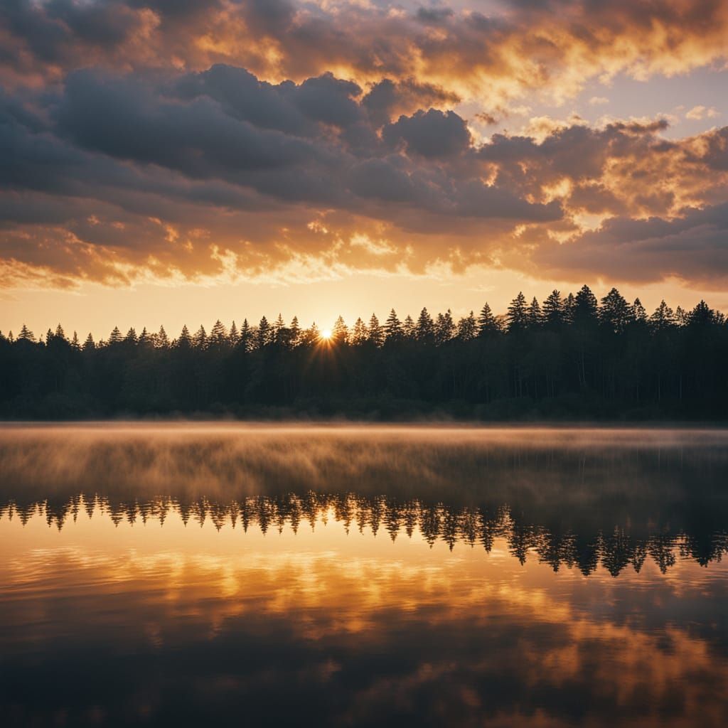 Cinematic Sunrise Over Misty Lake at Golden Hour