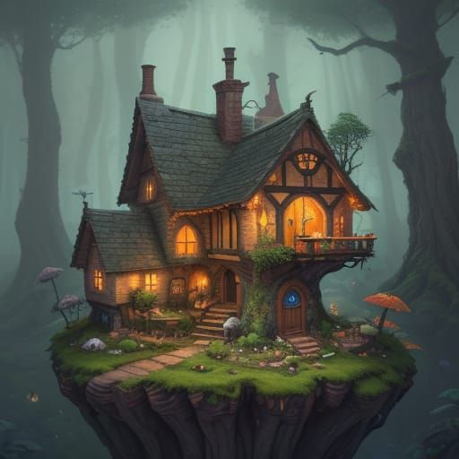 Miniature Village Inside Acorn, Whimsical Illustration