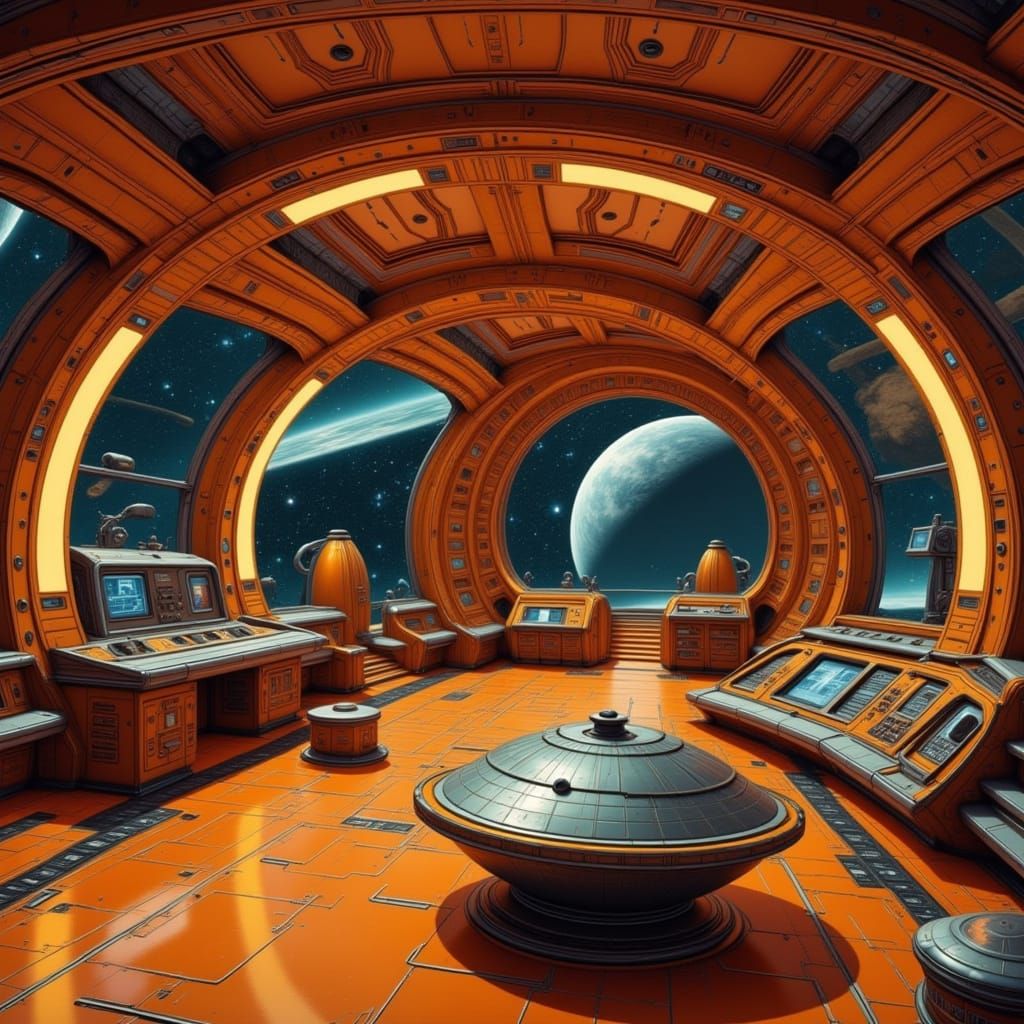 1950s Retrofuturistic Spaceship Bridge in Orange