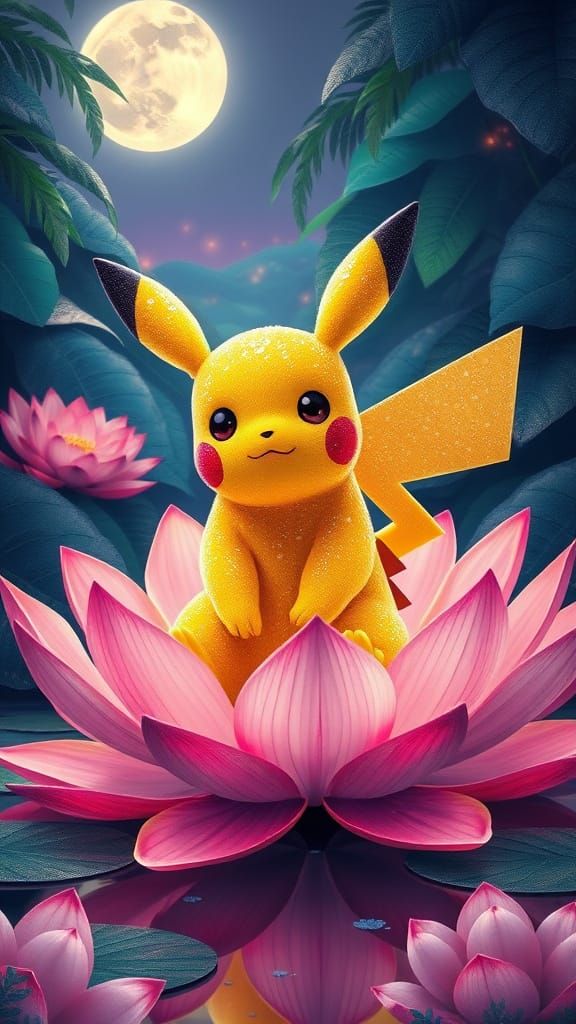 Surreal Pikachu Reigns on a Serene Lotus Pond in Anime Style