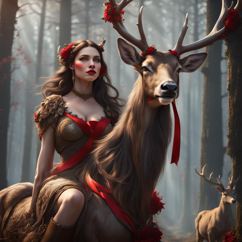 Beautiful Deer Centaur with Red Ribbons
