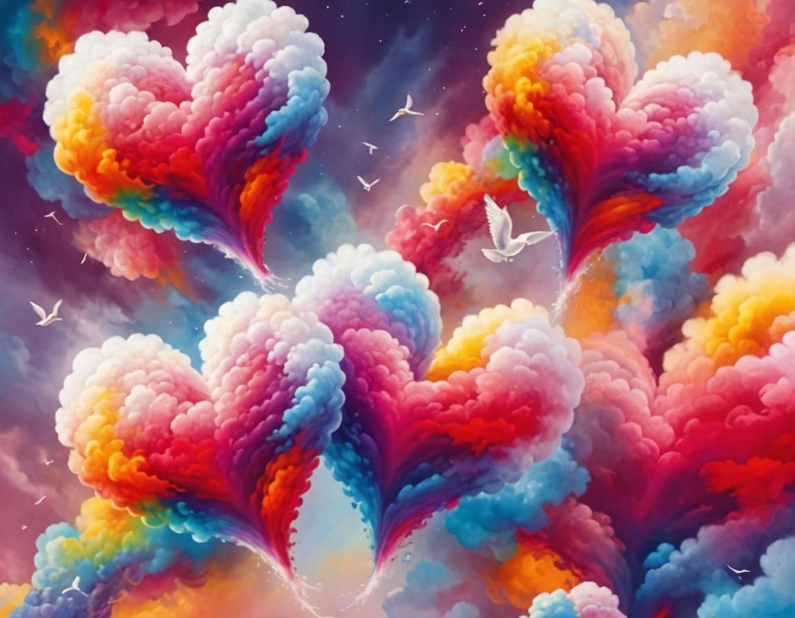 Crimson and Gold Rainbow Sky with Heart Clouds