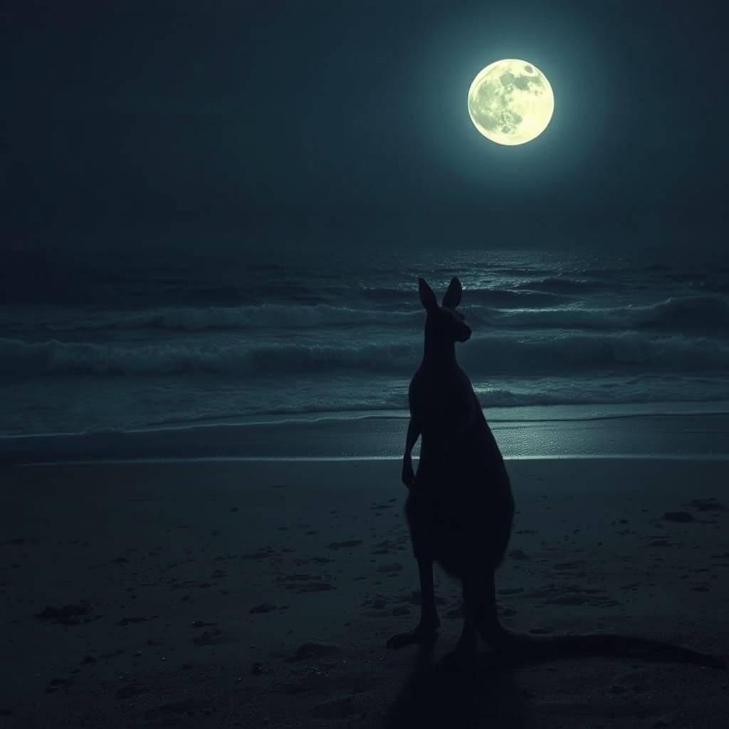 Kangaroo Gazing at Moonlit Ocean in Dark Surreal Style