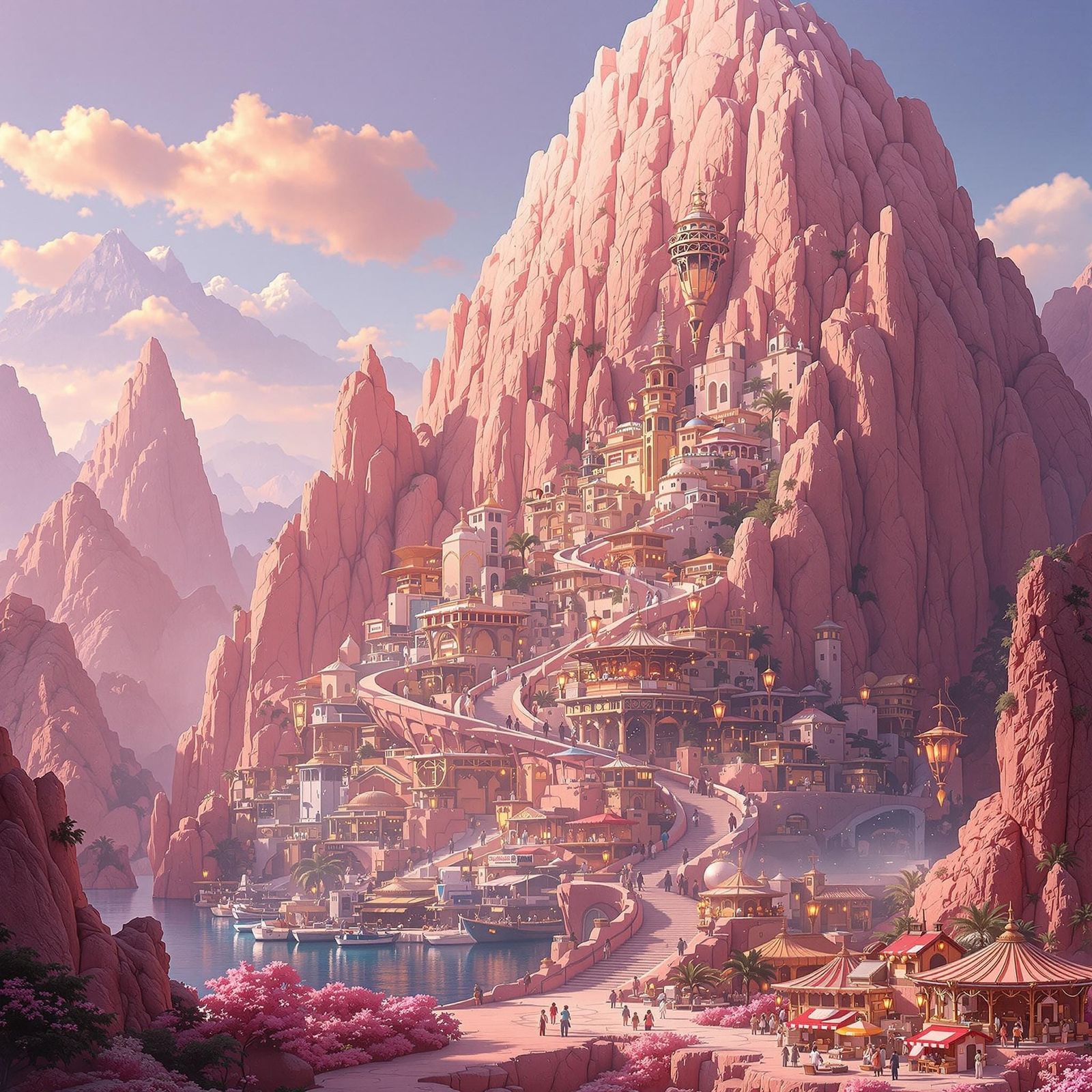 A rose quartz mountain with a winding staircase carved into the mountain. There are markets leading al the way up to the...