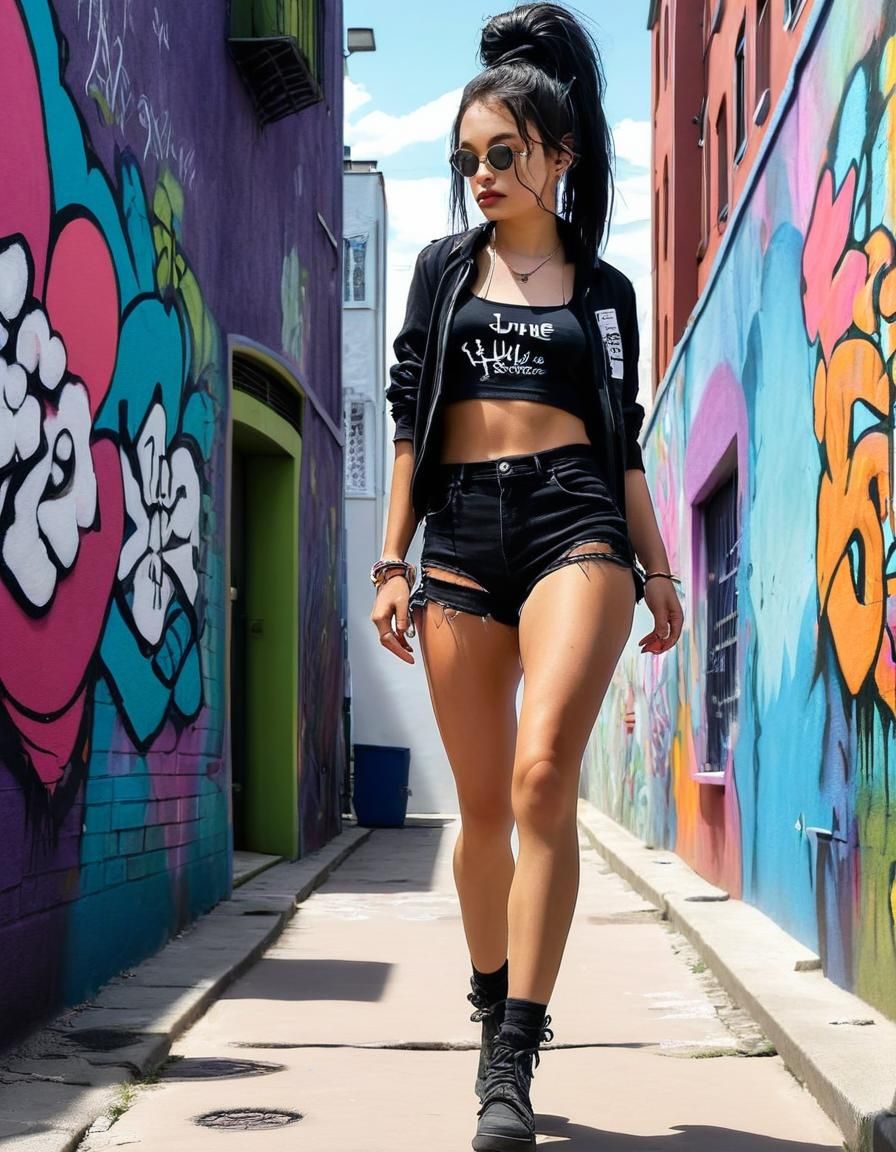 Elegant Woman Strolls Through Urban Art Alley