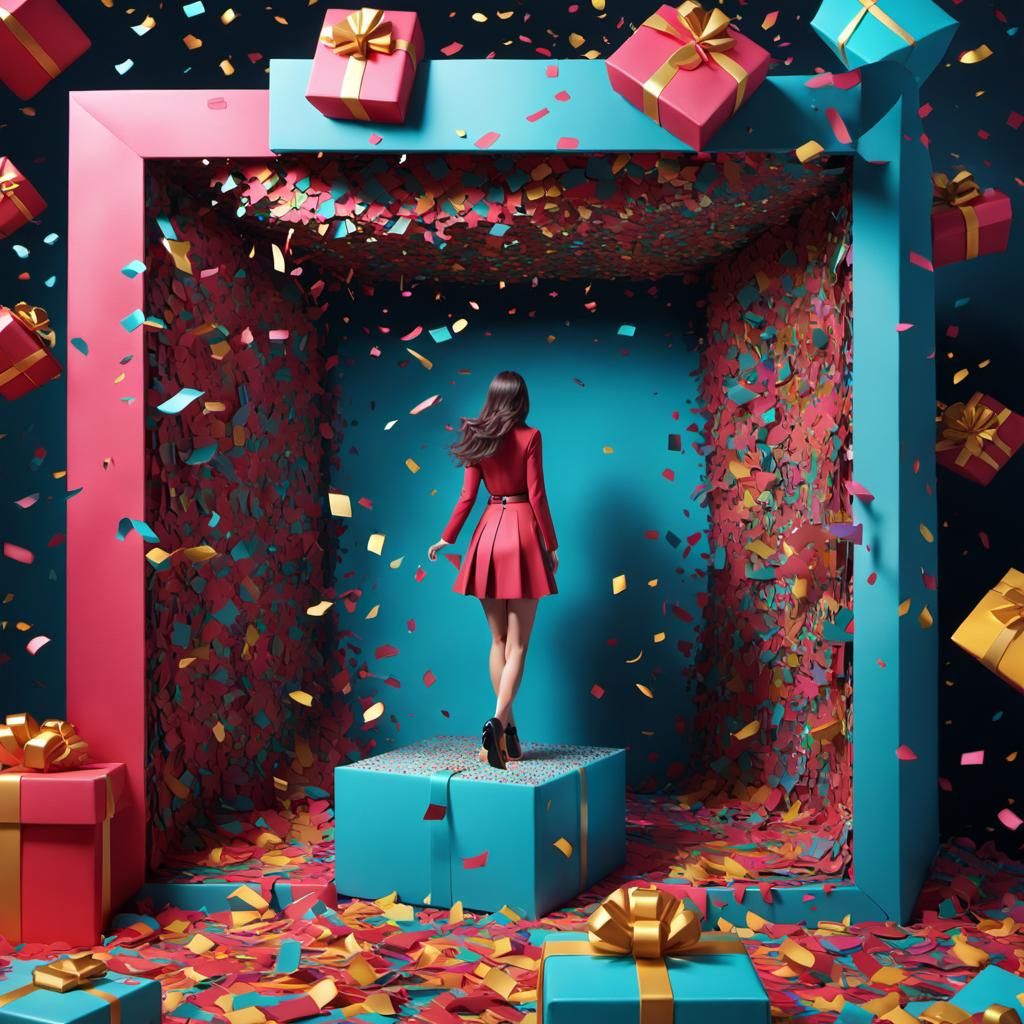 Girl Emerges from Confetti Box as 3D Papercut Art