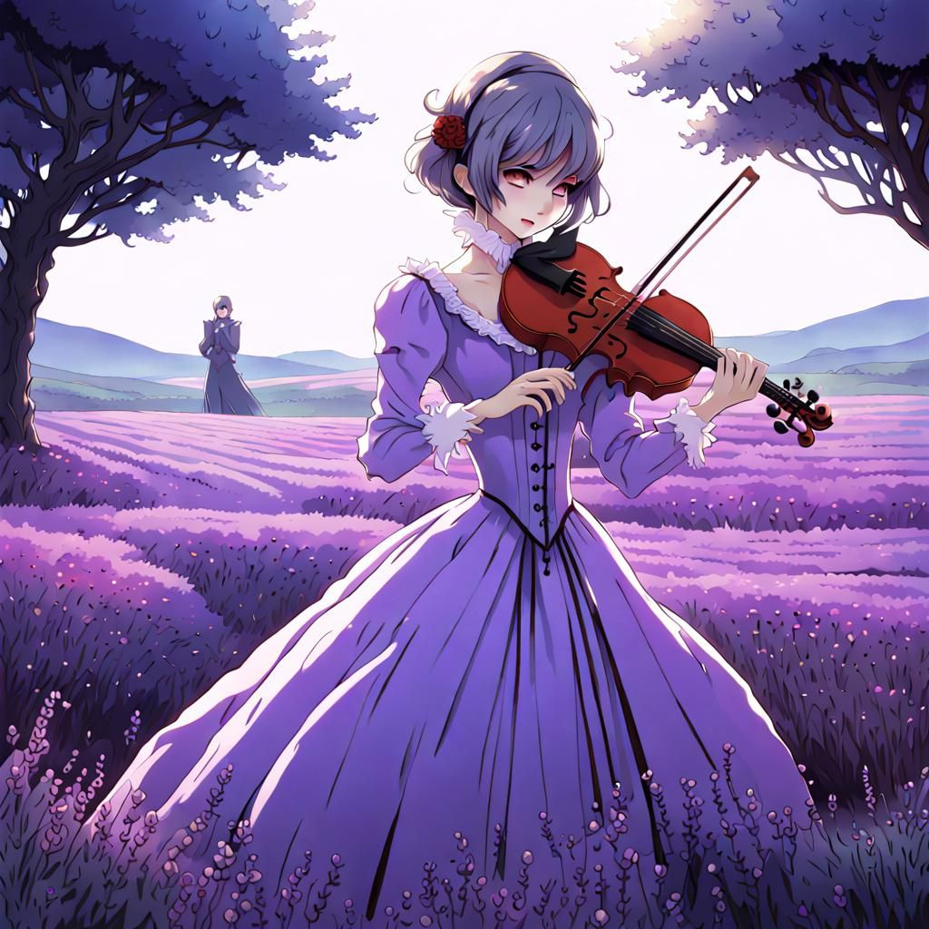 Vampire Girl Plays Violin in Lavender Field, Manga Art