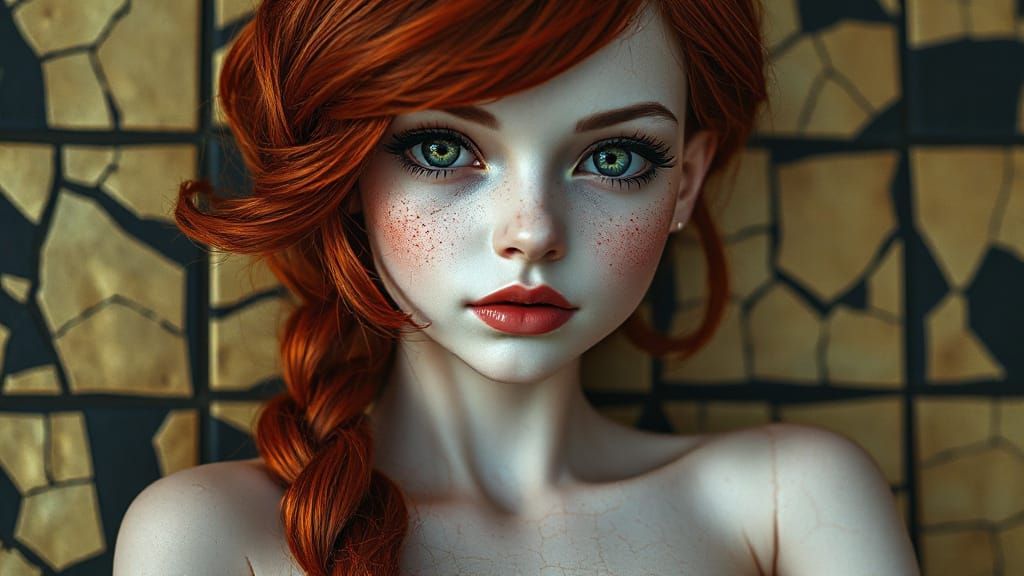 Cracked Porcelain Doll with Red Hair in Digital Portrait