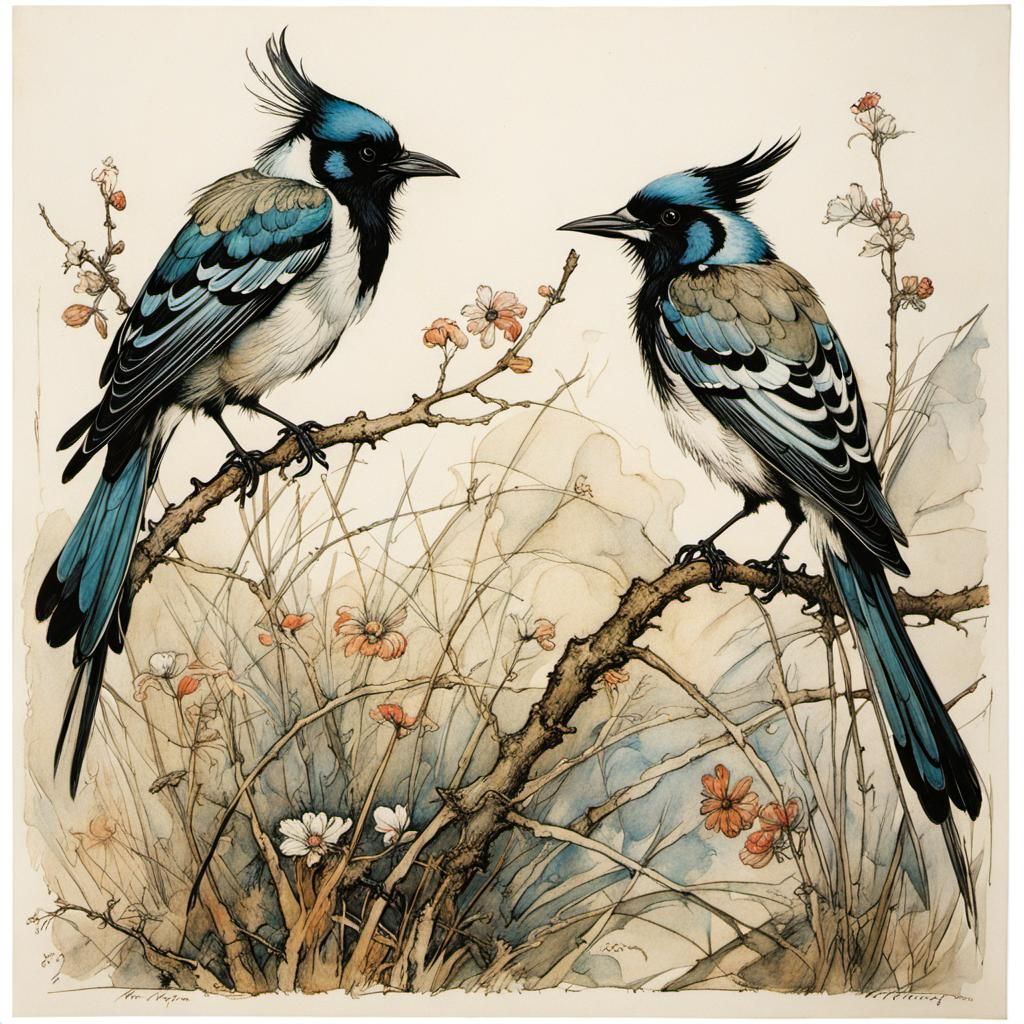 Magpies in Rackham, Griffiths, and Klee Style