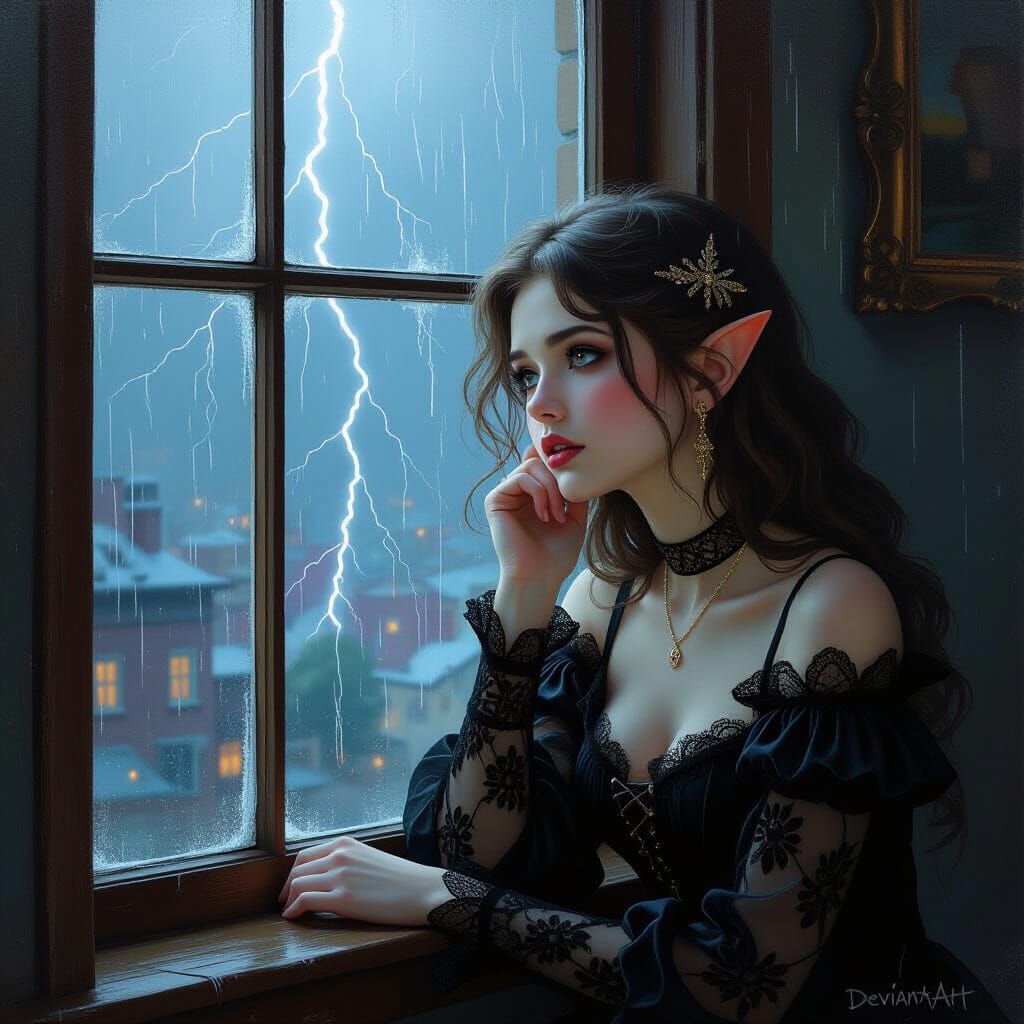 Young Elf Gazes Out Window on Rainy Night
