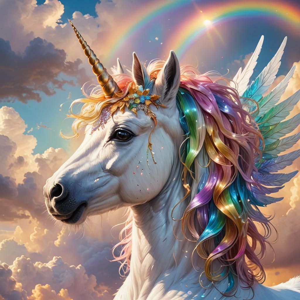 Ethereal Fairy Unicorn Gazing at Rainbow Sky