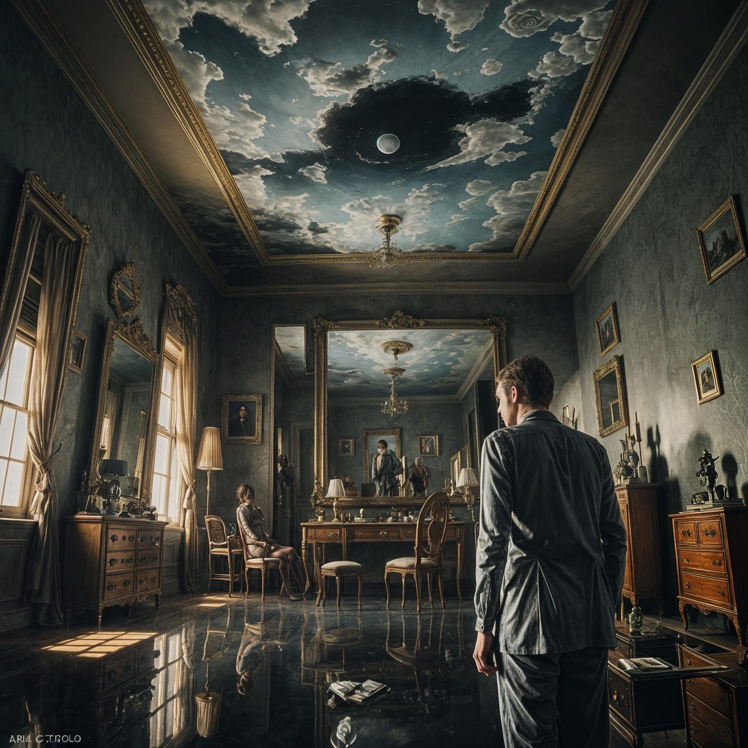 Surreal Upside Down Bedroom in Dark Palette