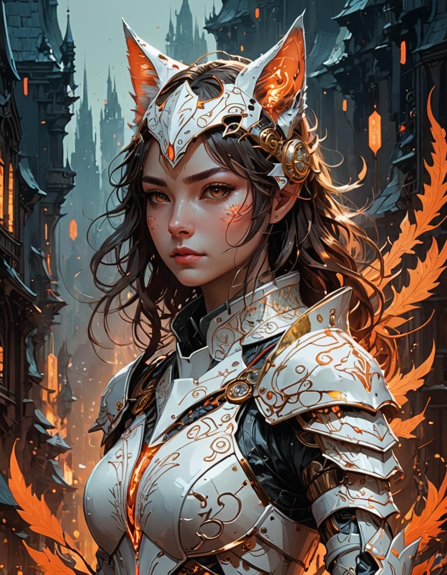 Anime Cat-Eared Knight in Lava Armor