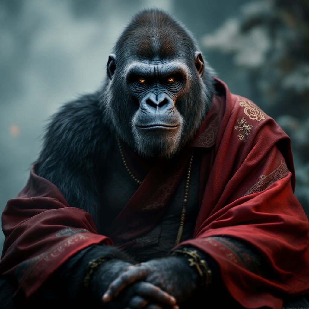 Wise Old Gorilla Meditating in Chinese Kung Fu Robe