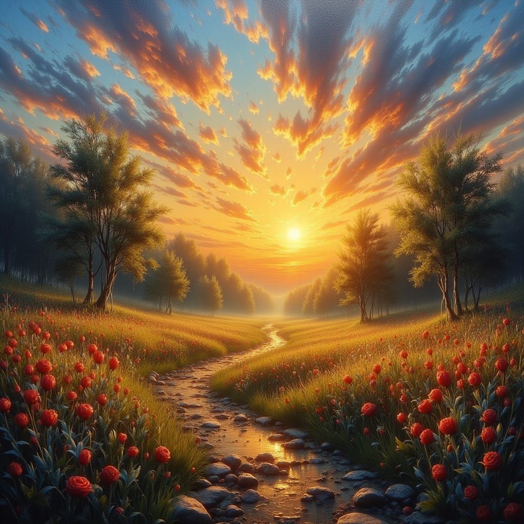 Impressionist Sunset Landscape with Golden Hour Light