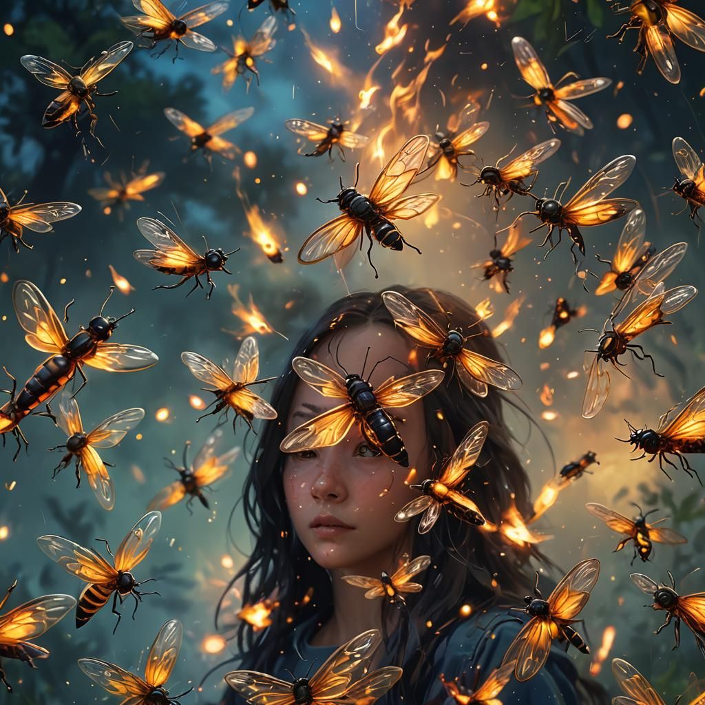 Hyperrealistic Fireflies in Dramatic Light